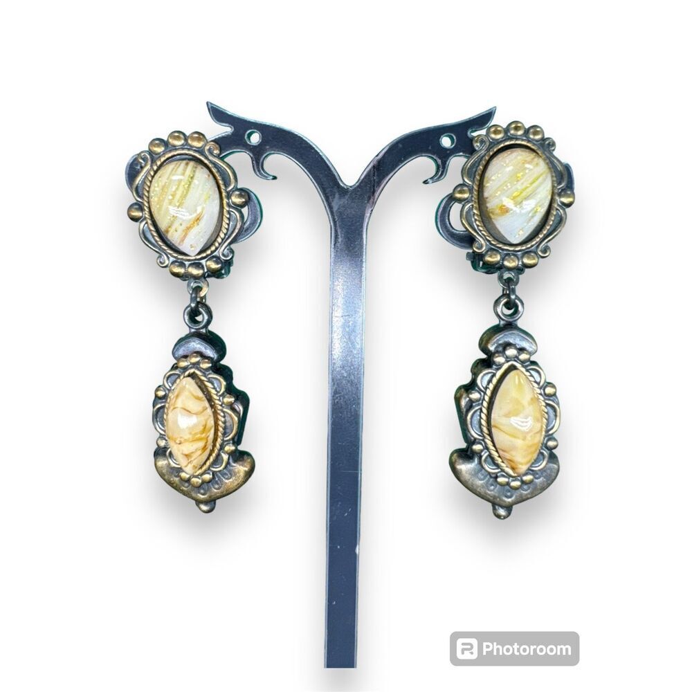 Clip-On Dangle Drop Earrings Beaded Signed